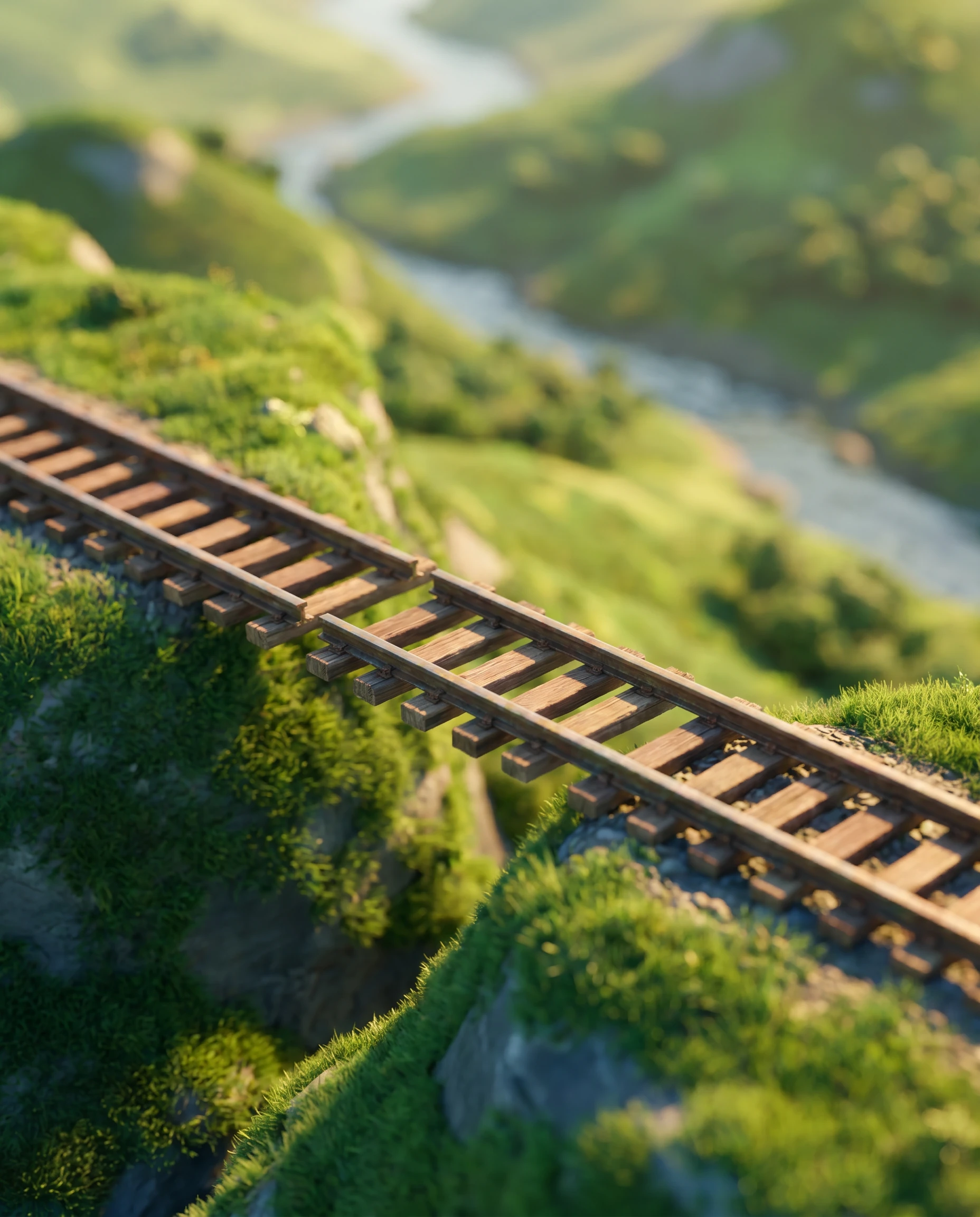 Railway track pieces being placed across the valley