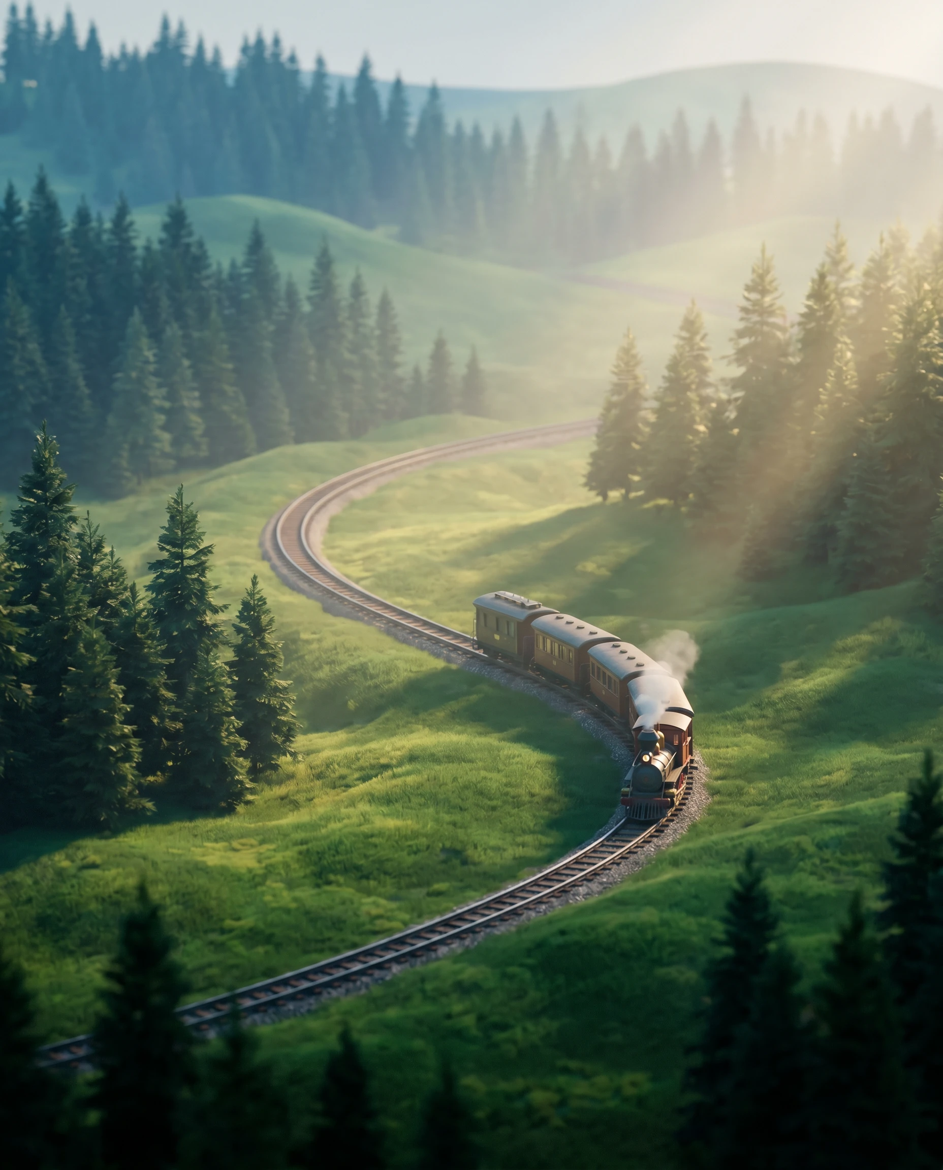 A winding railway route crossing rendered hills